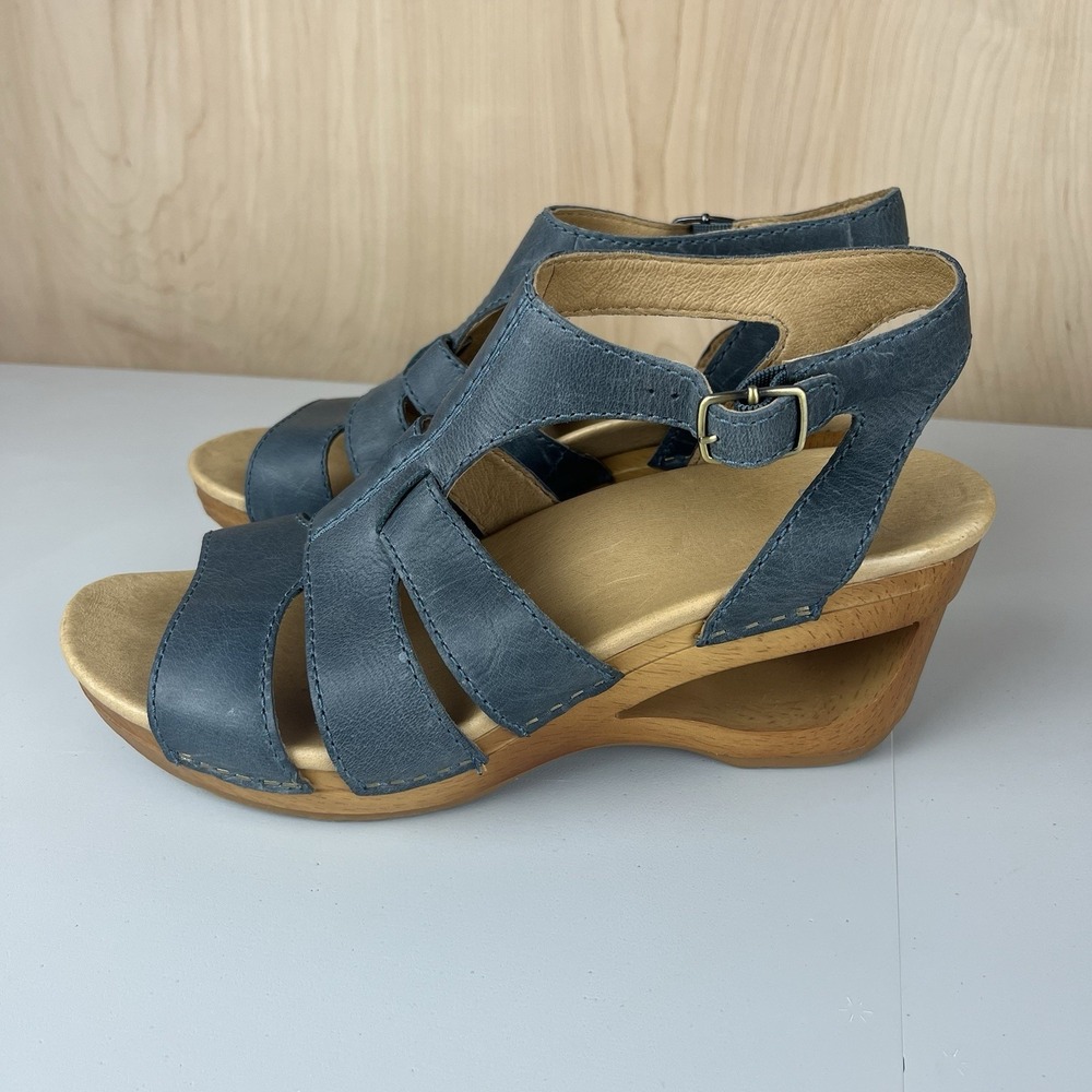Dansko Women's 41 / 10.5 US Trudy Blue Leather Wedge Sandals